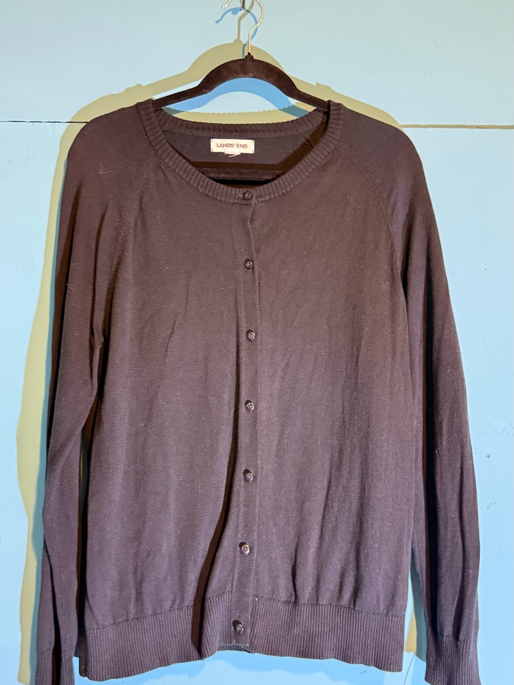 Lands' End Men's Button-Up Crewneck Cardigan - Chocolate Brown